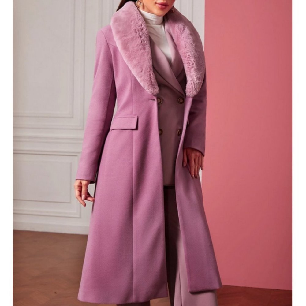 Faux fur trimmed Collar Single Button Overcoat Jacket Purple - Picture 8 of 8